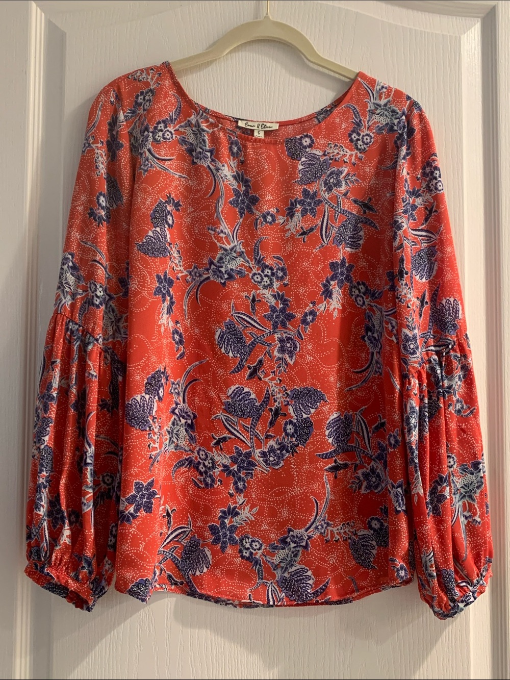 Women’s Floral Scoop-Neck Long Sleeve Blouse in Coral and Navy by Emma & Olivia